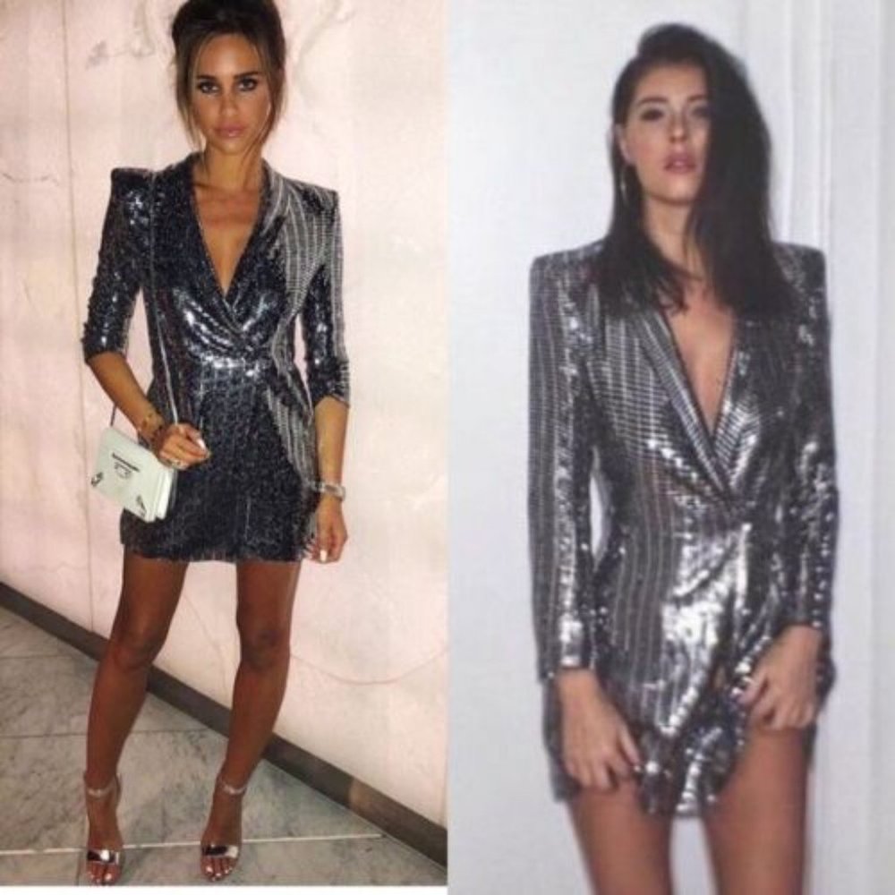 ZARA SILVER SEQUIN TUXEDO METALLIC BLAZER MINI DRESS